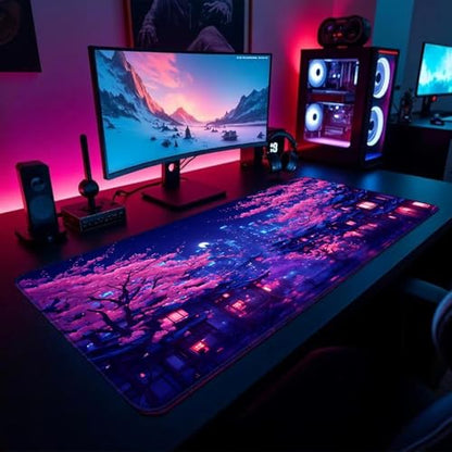 Simpkeely Fantasy Night City Gaming Mouse Pad, Blacklight Japanese Residential Buildings Landscape Neon Large Waterproof UV Reactive Non-Slip Rubber Base Mousemat for Office Home - 31.5" x 11.8" - color: Japanese City