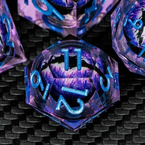 ARUOHHA DND Resin Dice Dragon Eye Dice Liquid Core Purple Sharp Edged Dice Set with Gift Box, Polyhedral D and D Dice Set Compatible with Dungeons Dragons Role Playing Game D20 D12 D10 D8 D6 - color: Ly02-purple