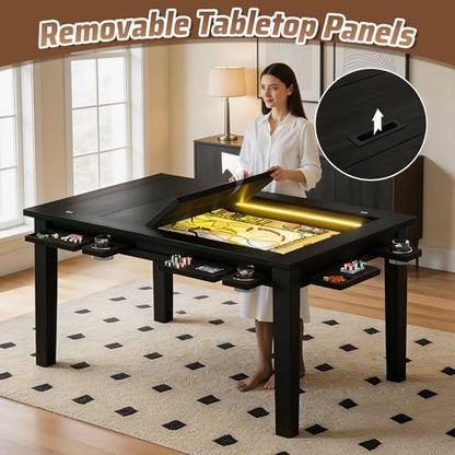 Board Game Table with Adjustable Led Lights Gaming Table with Removable Top | 53.7in x 30.7in Play Area Dining/Gaming Table with Charge Station, Play Mat, 6 Cup Holders & Trays (Black)