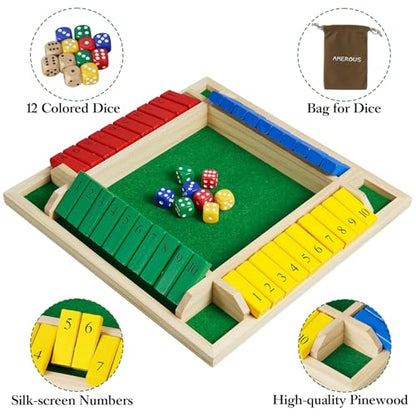 AMEROUS Shut The Box Dice Game-12 inches-Colorful Design-1-4 Players-12 Dice-Gift Package, Classic 4 Sided Wooden Board Game for Adults Kids, Classics Board Game