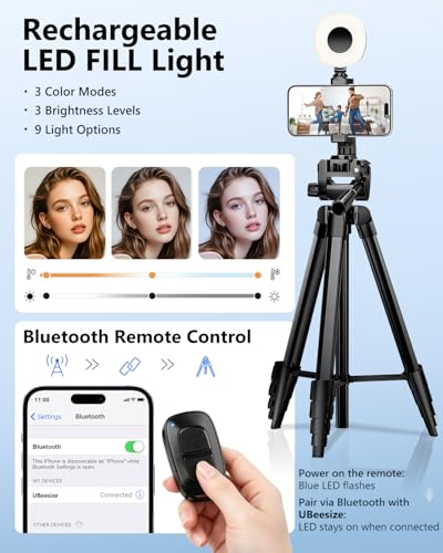 UBeesize Vlogging Kit for Phone with 2 Wireless Mics, 2 Tripods & LED Light | Content Creator Essentials, 64" Tripod, Flexible Tripod, 2 Lavalier Mics, LED Fill Light, Phone Holder & Bluetooth Remote
