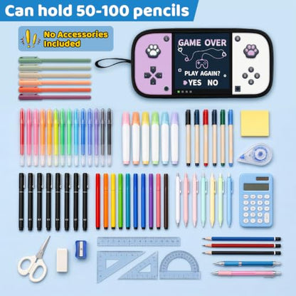 Game Controller Pencil Case for Boys Kids Teens, Large Capacity Pencil Pouch with 3 Compartments, 7 Pockets and Label Pocket for School College Office Travel (Purple & White) - color: Purple&White