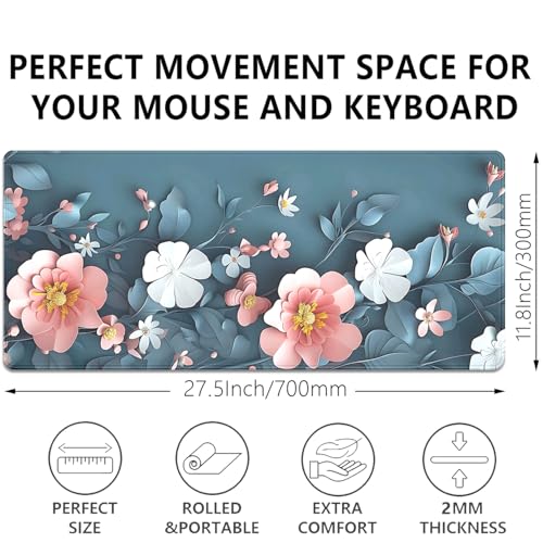 Blue Art Flowers Mouse Pad,Extended Abstract Floral Mousepad Desk Pad with Stitched Edges,Non-Slip Waterproof Rubber Base Mouse Mat for Office Computer Keyboard Laptop Home 27.5x11.8 in - color: Blue background flower