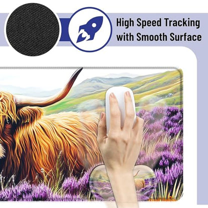 Large Mouse Pad and Keyboard Wrist Rest, Desk Pad for Keyboard and Mouse, 4-in-1 Large Gaming Mouse Pad with Wrist Support, Desk Mat for Home Office Study Game,Cute Highland Cow - color: Cute Highland Cow