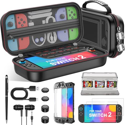 Switch 2 Case for Nintendo Switch 2 (2025)/Switch/OLED, 8-in-1 Bundle Kit for SWitch 2, 3 Transparent Protective Cover+2 Screen Protectors+4 Thumb Caps+Wired Earbuds+Stylus+Card Holder+USB Cable - size: 8 in 1 Bundle Kit-Black
