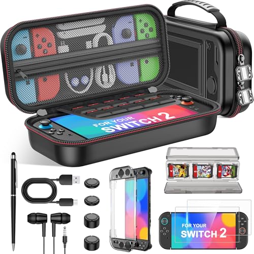 Switch 2 Case for Nintendo Switch 2 (2025)/Switch/OLED, 8-in-1 Bundle Kit for SWitch 2, 3 Transparent Protective Cover+2 Screen Protectors+4 Thumb Caps+Wired Earbuds+Stylus+Card Holder+USB Cable - size: 8 in 1 Bundle Kit-Black
