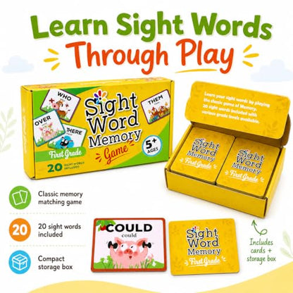 Sight Word Memory Game for Kids Ages 4-8, Matching Card Game for Preschool, Kindergarten, 1st & 2nd Grade, Learn to Read Educational Reading Game for Homeschool & Classroom (First Grade)