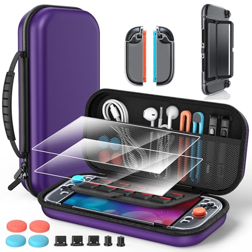 Accessories for Nintendo Switch 2 2025, Portable Hard Shell Carrying Case with 2 HD Screen Protectors (7.9 Inch), TPU Protective Skin, Dust Plugs Kit, 4 Thumb Grips – Switch 2 Accessories Bundle (Switch 2 Purple) - color: Purple