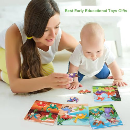 Wooden Peg Puzzles for Toddlers 1-3, Kids Educational Preschool Peg Puzzle Toy Ages 2-4, Set of 4 Dinosaur Toddler Puzzles, Ideal Gift for Ages 1 2 3 4 Boys and Girls - color: Style B
