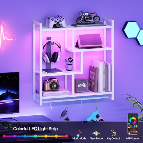 HOOBRO Gaming Floating Shelves with LED Lights, 28.7" LED Wall Mounted Shelf, 4-Tier Floating Wall Shelf for Storage, Display Rack with Hanging Bar and 4 S Hooks, for Gaming Room, White WT37DBJ01 - color: White