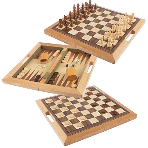 3-in-1 Chess, Backgammon, and Checkers Set – Wooden Board Game Set Folds for Practical Storage and Transport – Travel Board Games by Trademark Games - style: 3-in-1