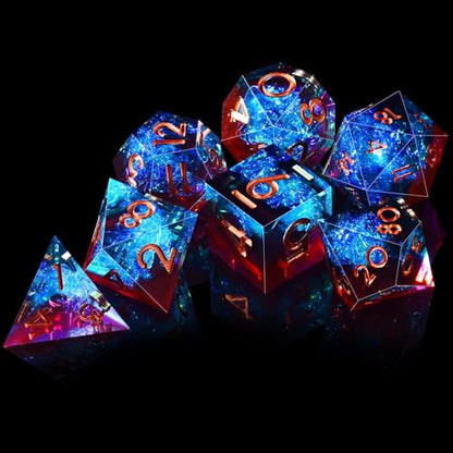 AUSTOR 7-Die DND Dice Set Handmade Sharp Edge Polyhedral Dice for Dungeons and Dragons RPG MTG Table Games（Flame Red & Ice Blue） - color: Flame Red & Ice Blue