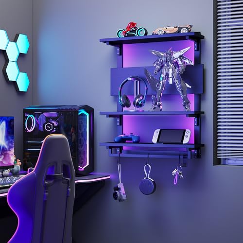 Spacesea Foldable Gaming Floating Shelves with Adjustable Shelf, 24 Inch Wall Mounted Shelves with Dynamic LED, 4 Tier Wall Mounted Shelves with Towel Bar & 8 Hooks, Cool Wall Display Rack
