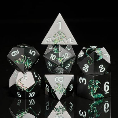 Dragon Metal DND Dice Set,Heavy Zinc Alloy Polyhedral 7-Die Set for Fantasy TTRPG & Tabletop RPG Games,Luxury Magnetic Display Case,Gift Ready for Collectors & Players(Glitter Green Dragon) - color: Black With Glitter Green