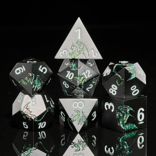 Metal Dice Set,7-Piece Zinc Alloy Dragon DND Dice,Glitter Green | Complete polyhedral dragon dice set with easy-to-read numbers and a magnetic gift box for DND players and collectors. - color: Black With Glitter Green