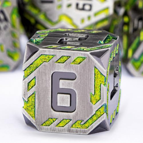 Metal DND Sci-fi Dice Set 7PCS Stripe Polyhedral Dice for Dungeons Dragons RPG Role Playing Game, Glitter D and D Dice with Gift Box D6 D8 D10 D12 D20 (Grey&Green Yellow) - color: Silver Gray - Yellow Green