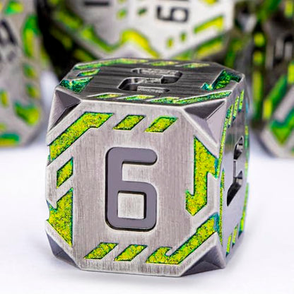 Metal DND Sci-fi Dice Set 7PCS Stripe Polyhedral Dice for Dungeons Dragons RPG Role Playing Game, Glitter D and D Dice with Gift Box D6 D8 D10 D12 D20 (Grey&Green Yellow) - color: Silver Gray - Yellow Green