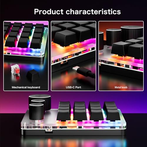Programmable Macro Keyboard, 16 Keys 3 Knob Mini Mechanical Gaming Keypad Multifunctional Macropad with USB Wired Bluetooth Mode Volume Controller (Black) - color: Black
