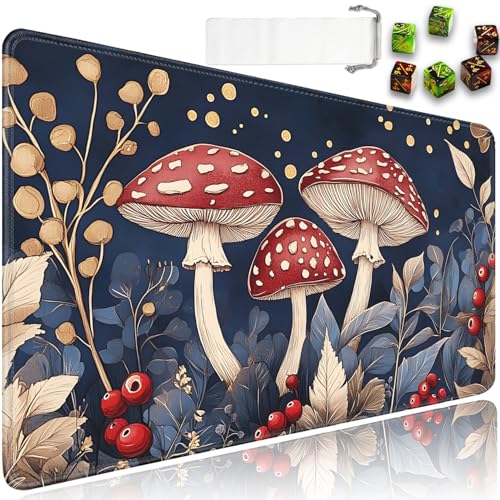 for MTG Game Playmat - 24 x 14 inches with Dices and Storage Bags, Non-Slip Base for TCG and Board Game Card Mats, Trading Card Games Mat, Red Mushroom Pattern Collectible Card Playmats - color: Jv-playmat-p7-1-d113