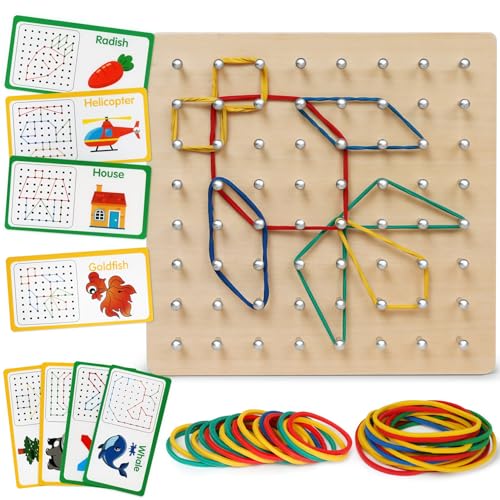 Wooden Geoboard, Montessori STEM Toy with Pattern Cards for Kids Ages 3+ | Pattern Cards & Rubber Bands, Geometric Shape Learning, Classroom STEM Tool, Brain Teaser Gift - size: 6*6 in