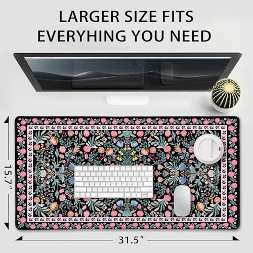 Black Floral Desk Mat Large Mouse Pad 31.5"x15.7" Non-Slip | Extended Mousepad, Non-Slip Rubber Base , Stitched Edges, for Computer/Laptop/Office/Home - color: Black Floral