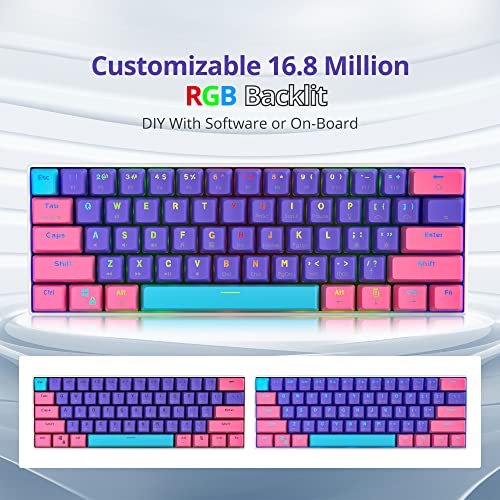 Protable 60% Percent Gaming Keyboard Mechanical, Mini Compact RGB Backlit 61 Keys Wired Office Keyboard with red Switch for Mac/Win (Purple/red Switch) - color: purple/red Switch