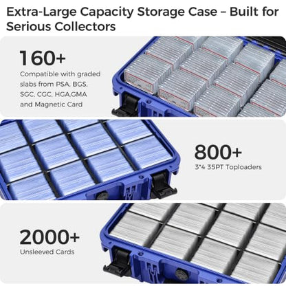 Sports Card Storage Box, Extra Large Graded Card Case, Waterproof Hard Case | Sports Card Case with 8 Adjustable Dividers; Fits All PSA, BGS, SGC, CGC and CSG Slabs, Top Loaders and Magnetic Card Holders - color: Extra-Large Capacity / Black＆Blue