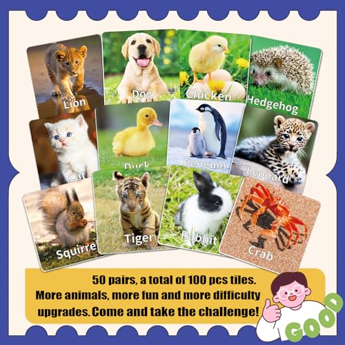 YTSQLER 100 PCS Animal Memory Matching Game | For kids Ages 4-8, toddlers 3-5, Preschool Learning Activities, Family Board Game, Animal Learning Card Game