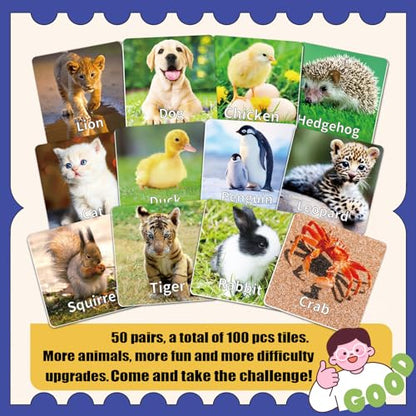 YTSQLER 100 PCS Animal Memory Matching Game | For kids Ages 4-8, toddlers 3-5, Preschool Learning Activities, Family Board Game, Animal Learning Card Game