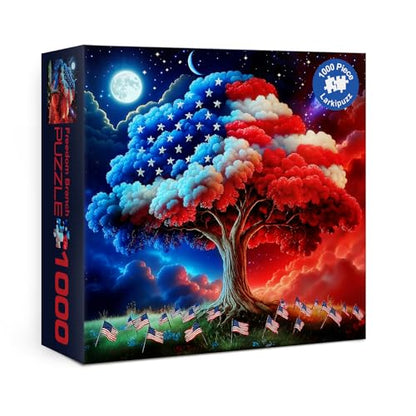 Tree of Life Puzzles for Adults 1000 Pieces, United States Patriotic American Flag Jigsaw Puzzle, Challenging USA 250th Anniversary Plant Stars Moon Galaxy Puzzle - color: Freedom Branch