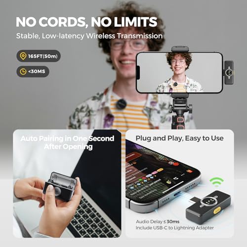 NearStream Wireless Lavalier Microphone for iPhone, Android and PC, AWM25T | Noise Cancellation, Up to 24-Hour Total Battery Life, Lightning and USB-C Plug-and-Play for Vlogging and Interviews