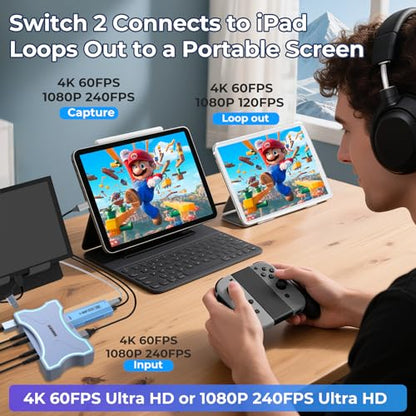 Guermok 4K HDMI Capture Card with Touch LED, Dual HDMI in/Loop-Out, USB 3.0, 4K@60Hz/ 2K@120Hz Video Capture, Mic/Line in, 4K60 Passthrough, Efficient Cooling, Streaming and Gaming for Switch2/1