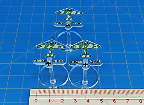 LITKO WWII Heinkel He-111 Micro Stands | Compatible w/ Air Wargames | World War II Bomber | 25mm round base, 32mm clear peg | UV-printed laser-cut acrylic | Glue assembly | Set of 3