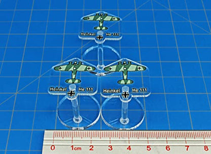 LITKO WWII Heinkel He-111 Micro Stands | Compatible w/ Air Wargames | World War II Bomber | 25mm round base, 32mm clear peg | UV-printed laser-cut acrylic | Glue assembly | Set of 3