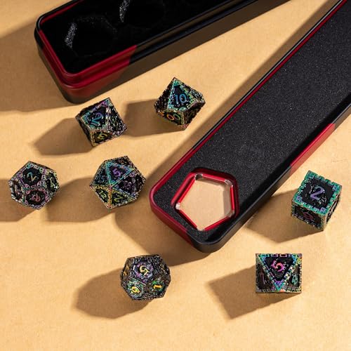 UDIXI Metal Dice Set D&D, Rainbow Metal DND Dice Set for RPG Tabletop Games | 7-Pieces, Dragon Carved, Chain-edge Design, Metal Gift Box, DM Gift, for Dungeons and Dragons Role Playing Games - color: Chain Frame-colorful Black