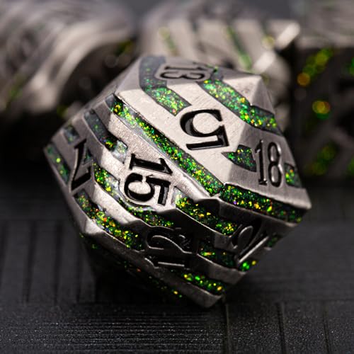DND Dice Set Dungeons and Dragons Dice d20 Metallic Stripes Dice with Gift Case, Polyhedral Dice Sets for Tabletop Games D&D Dice MTG Pathfinder Role Playing Game, Antique Nickel Bright Green - color: Antique Nickel Bright Green