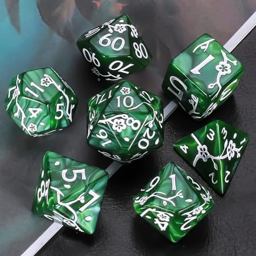 CiaraQ 7pcs Polyhedral Dice Set for Dungeon and Dragons MTG Table Games | Acrylic Role Playing Dice for D&D with Black Velvet Bag – Green Pearl with White Numbers & Plum Blossom Patterns - color: Green and White Floral Dice