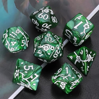 CiaraQ 7pcs Polyhedral Dice Set for Dungeon and Dragons MTG Table Games | Acrylic Role Playing Dice for D&D with Black Velvet Bag – Green Pearl with White Numbers & Plum Blossom Patterns - color: Green and White Floral Dice