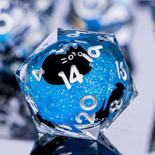 DND Cat Dice Set Blue Sharp Edge Dice with Box, RPG D and D Dice Dungeons Dragons Role Playing Game Polyhedral Resin Dice Set D20 D12 D10 D8 D6 D4 - color: Silver Blue