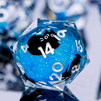 DND Cat Dice Set Blue Sharp Edge Dice with Box, RPG D and D Dice Dungeons Dragons Role Playing Game Polyhedral Resin Dice Set D20 D12 D10 D8 D6 D4 - color: Silver Blue