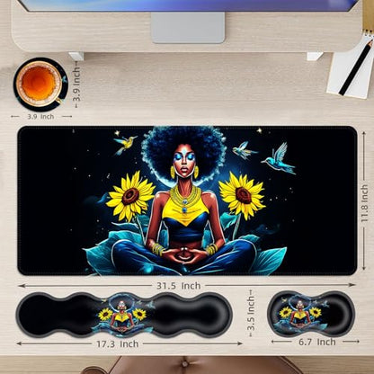 Large Mouse Pad and Keyboard Wrist Rest, Desk Pad for Keyboard and Mouse, 4-in-1 Large Gaming Mouse Pad with Wrist Support, Desk Mat for Home Office Study Game,Girl Sunflowers Hummingbirds - color: Girl Sunflowers Hummingbirds