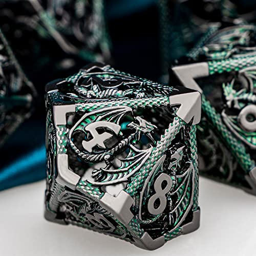 ARUOHHA Hollow DND Metal Dice Set Black Green Dragons D and D Dice, RPG Role Playing Games Dungeons Polyhedral Dice with Gift Box D20 D12 D10 D8 D6 D4 - color: Black Green
