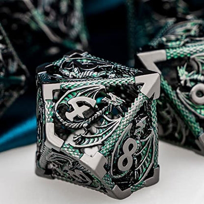 ARUOHHA Hollow DND Metal Dice Set Black Green Dragons D and D Dice, RPG Role Playing Games Dungeons Polyhedral Dice with Gift Box D20 D12 D10 D8 D6 D4 - color: Black Green