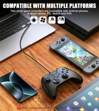 Wired Controller for PC Windows/Android/Tablet/Switch/PS4/PS3, 1000Hz Polling Rate Plug and Play Gaming Gamepad Joystick with USB C Adapter, Dual Motors, Turbo, 6.56ft Cable, Ultra-Low Latency, Black - color: Black