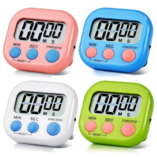 4 Pack Digital Kitchen Timer Magnetic Digital Timer with Big Display Loud Ring Cooking Timers for Cooking, Game, Gym, Break Time, Classroom(4,Pink, Blue, Green, White) - color: Pink,blue,green,white