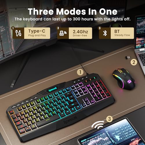 Redragon S101M-KS Gaming Keyboard and Mouse Wireless with Tri-Mode, RGB Keyboard and 4800 DPI Gaming Mouse, 10 Independent Multimedia Keys for Wins, PC, Computer, Wireless S101 Ideal for Gamer - color: Black-New