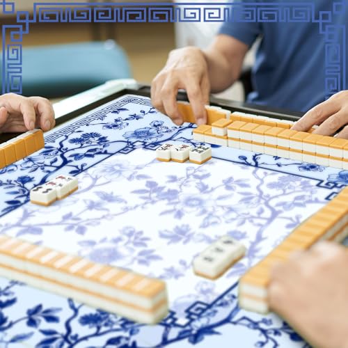 Chinoiserie Mahjong Mat with 1 Carrying Bag 31.5" x 31.5" Blue and White Rubber Anti Slip and Noise Reduction Multi Purpose Game Table Cover for Card, Board Tile Games - color: Blue
