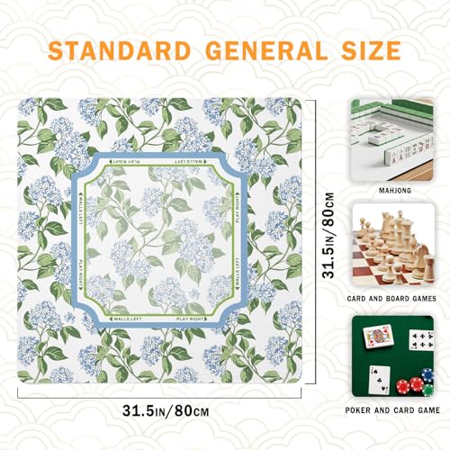 UTELKA Hydrangea Mahjong Mat, Blue Mahjong Mat with Rules 31.5 Inch | Mahjong Lovers Gifts, Summer Rubber Mahjong Table Cover, Blue and White Mahjong Game Pad, Mahjong Accessories Supplies - color: Blue Hydrangea