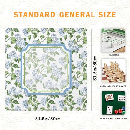 UTELKA Hydrangea Mahjong Mat, Blue Mahjong Mat with Rules 31.5 Inch | Mahjong Lovers Gifts, Summer Rubber Mahjong Table Cover, Blue and White Mahjong Game Pad, Mahjong Accessories Supplies - color: Blue Hydrangea