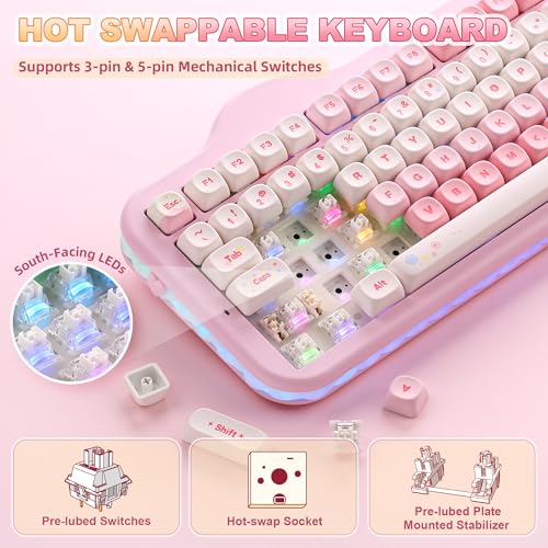 YUNZII C98 Cute Cake Wireless Mechanical Keyboard (Pink, Milk Switch) | 99 Keys with Number Pad, Hot Swap, PBT MOA Keycaps, BT5.0/2.4G/USB-C, Gasket Mount, Custom RGB Backlit for Win/Mac - color: Pink, size: Milk V2 Linear Switch